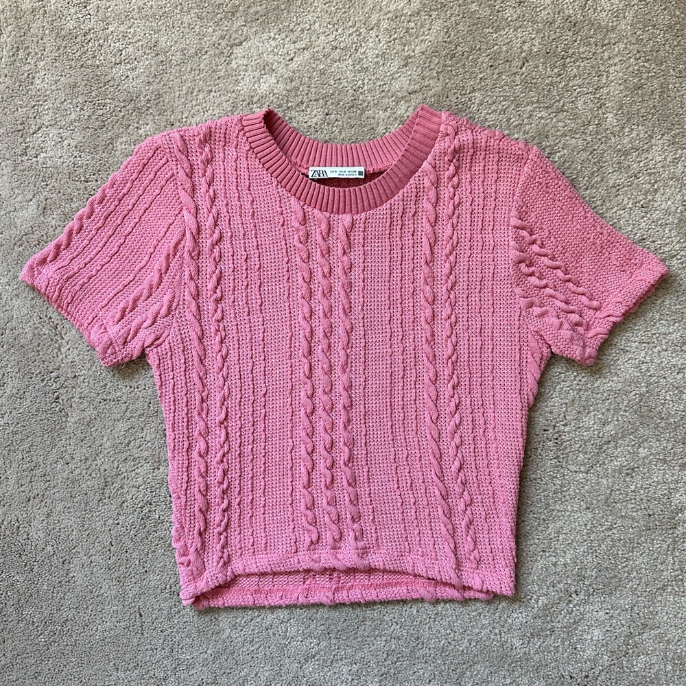 Zara Pink Knitter Cropped Short Sleeve Shirt